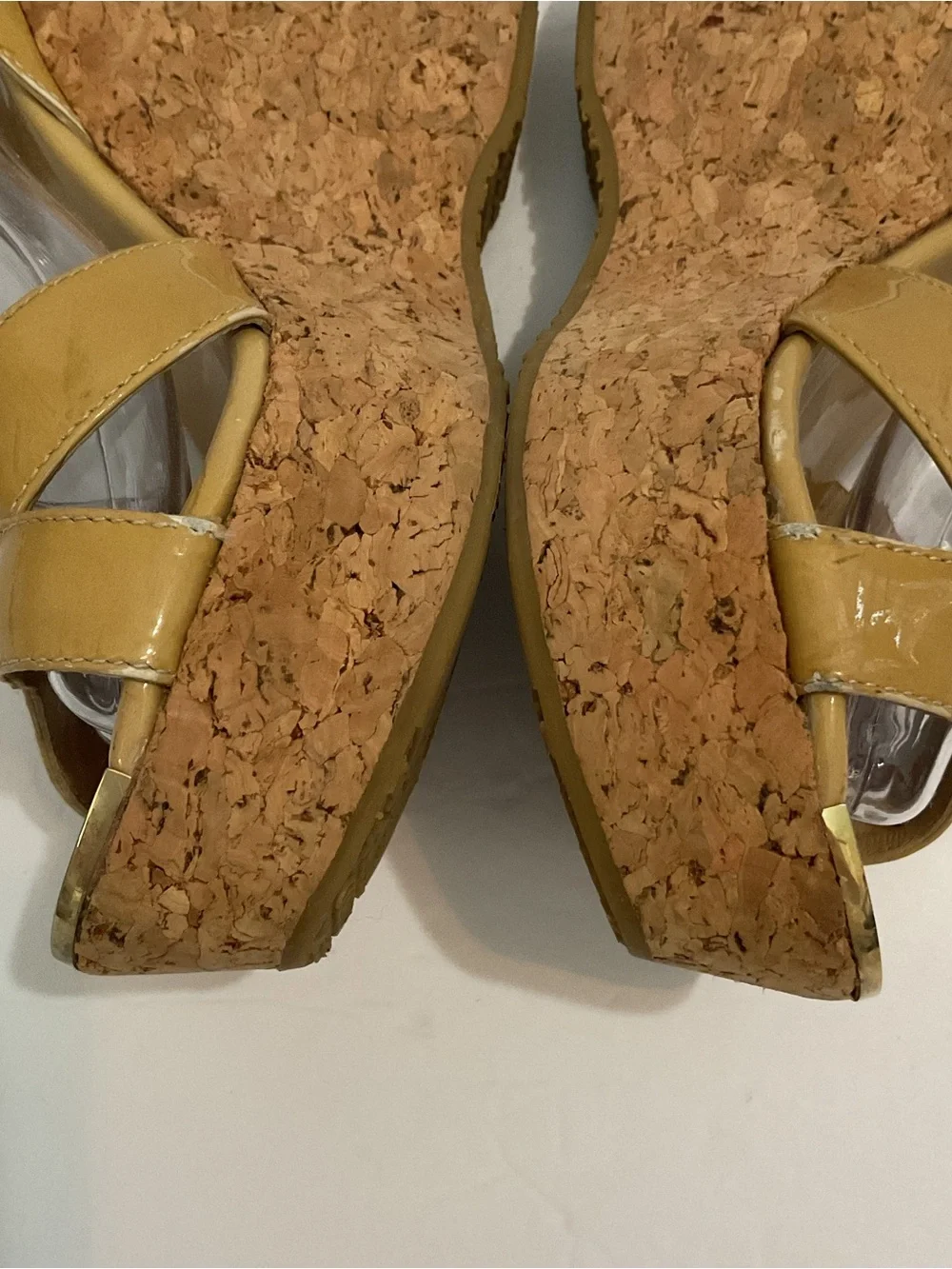 Jimmy Choo Beige Patent Leather Lucia Cross Strap Wedge Platform Sandals Sz 8/38